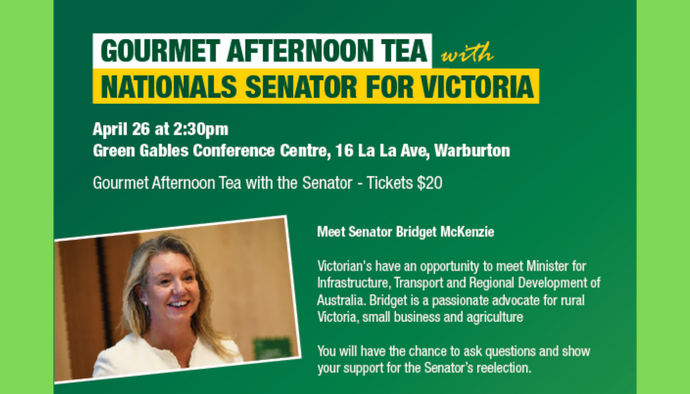 You're Invited to Afternoon Tea with Nationals Senator Bridget McKenzie in Warburton